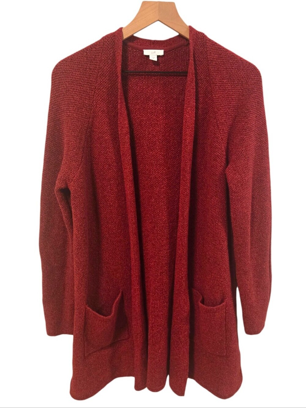 J. Jill Red Marled Knit Open Front Patch Pockets Cardigan Sweater Duster Medium
